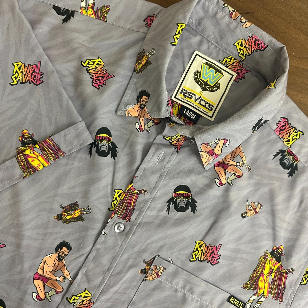 RSVLTS WWE Macho Man Randy Savage Shirt Gray Stretch Button Down Mens Large
